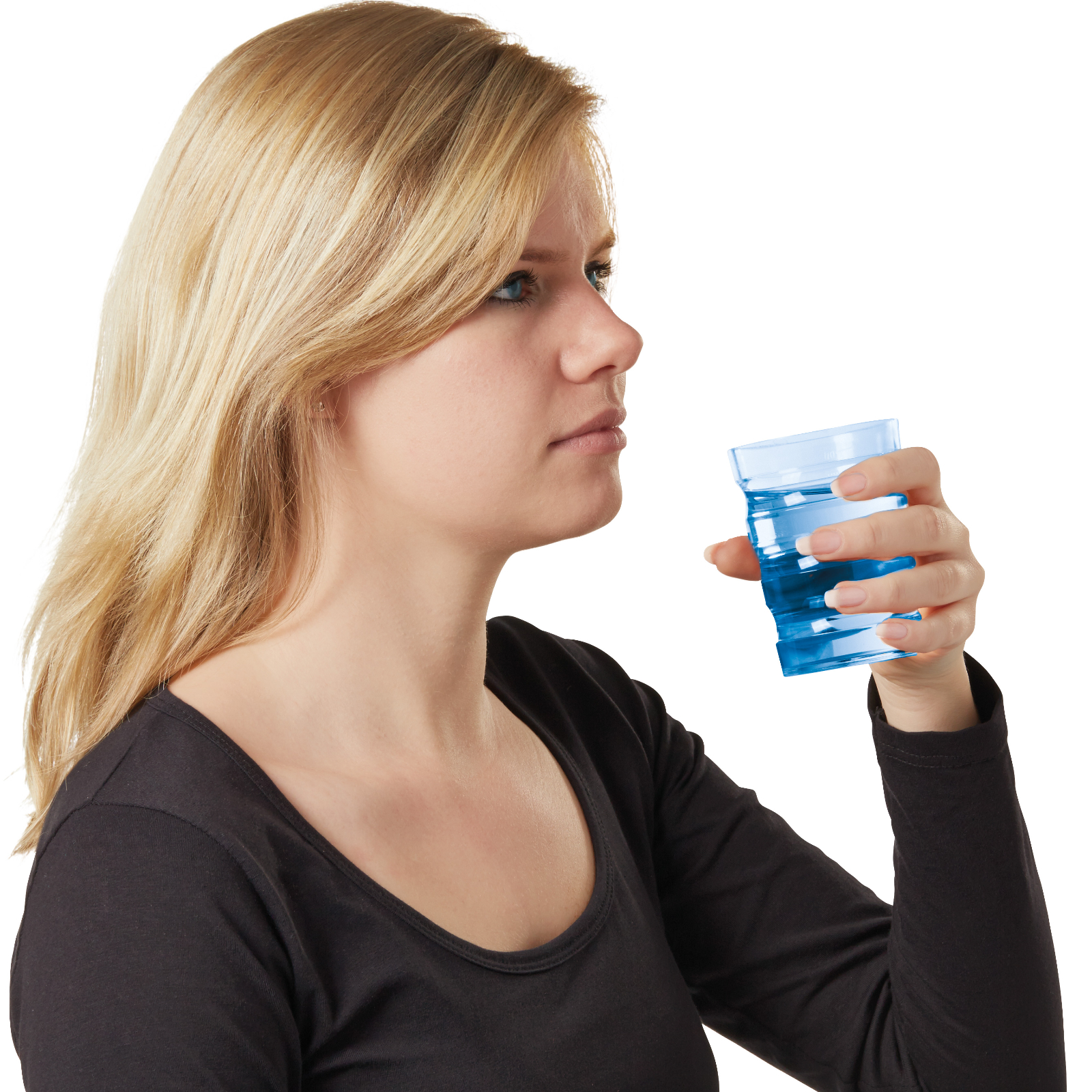 ergonomische beker voor ouderen blauw gebruiken